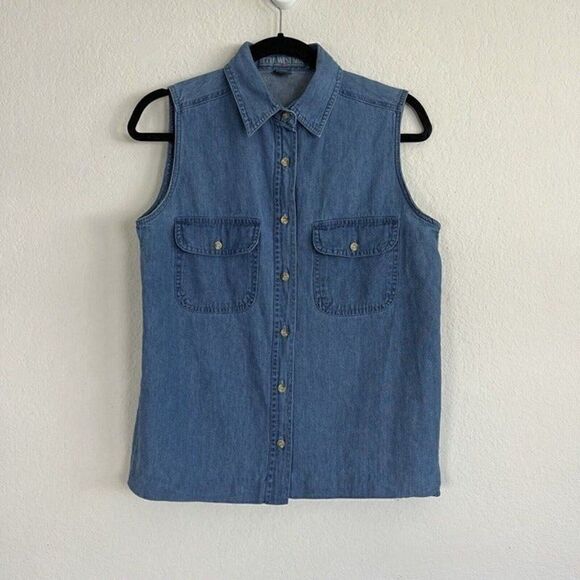 Upper West Side Womens Western Grunge Denim Button Up Sleeveless Blouse Small - Picture 1 of 10